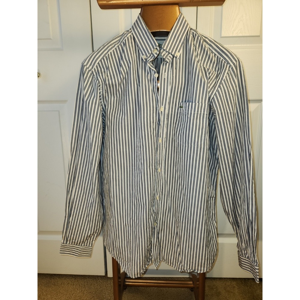 Lacoste Mens Blue‎ Striped Button Up Dress Shirt With Pocket 42